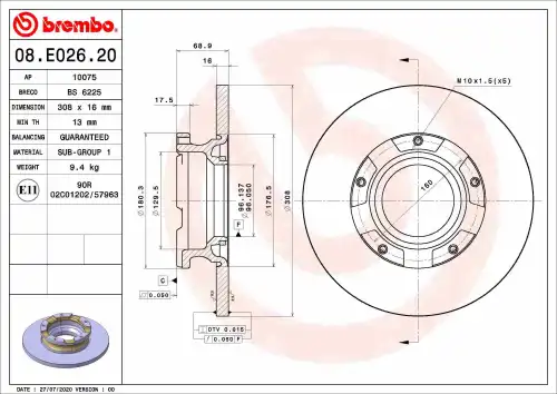 Диск тормозной задний Ford Transit TR 14 (R 15 передний привод) D 308 мм 2040064 BREMBO — 08E02620